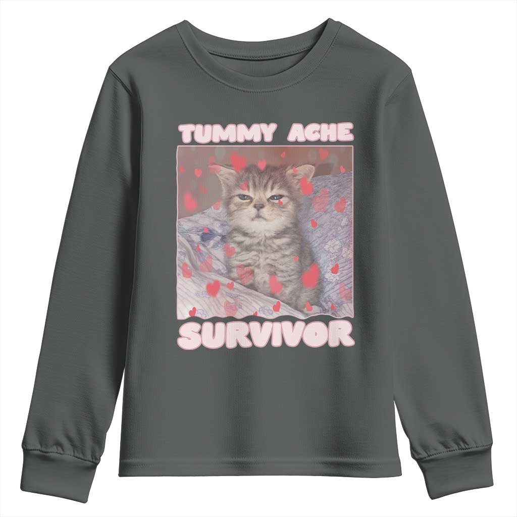 Tummy Ache Survivor Youth Sweatshirt Funny Cute Cat Meme TS14 Dark Heather Print Your Wear