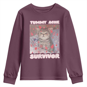Tummy Ache Survivor Youth Sweatshirt Funny Cute Cat Meme TS14 Maroon Print Your Wear