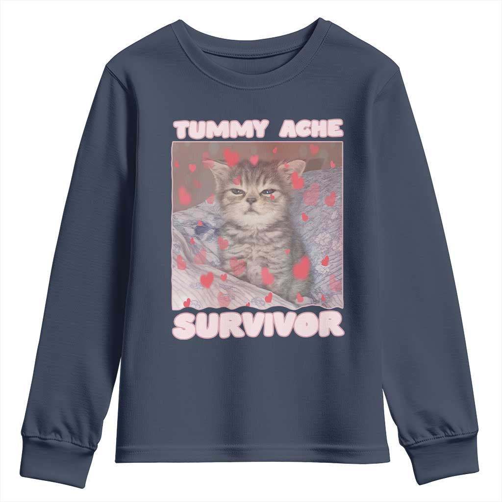 Tummy Ache Survivor Youth Sweatshirt Funny Cute Cat Meme TS14 Navy Print Your Wear