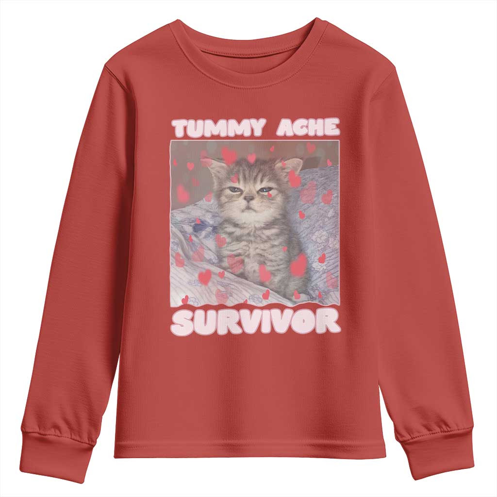 Tummy Ache Survivor Youth Sweatshirt Funny Cute Cat Meme TS14 Red Print Your Wear