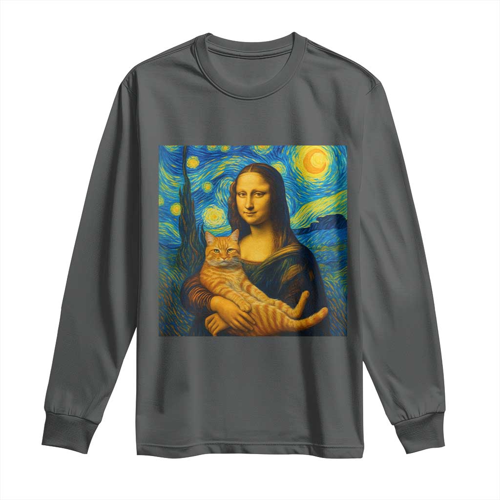 Mona Lisa Cat Starry Night Long Sleeve Shirt TS14 Dark Heather Print Your Wear