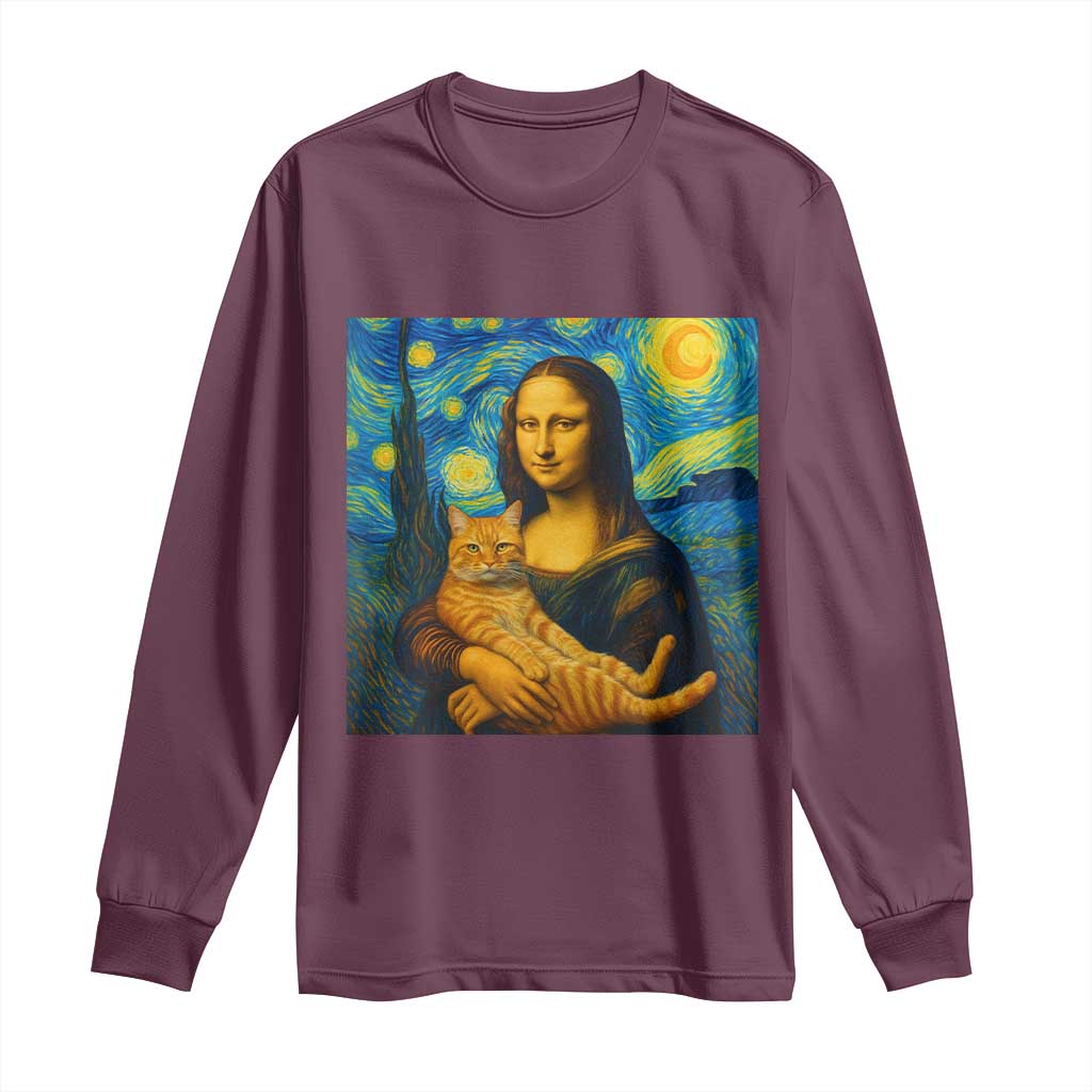 Mona Lisa Cat Starry Night Long Sleeve Shirt TS14 Maroon Print Your Wear