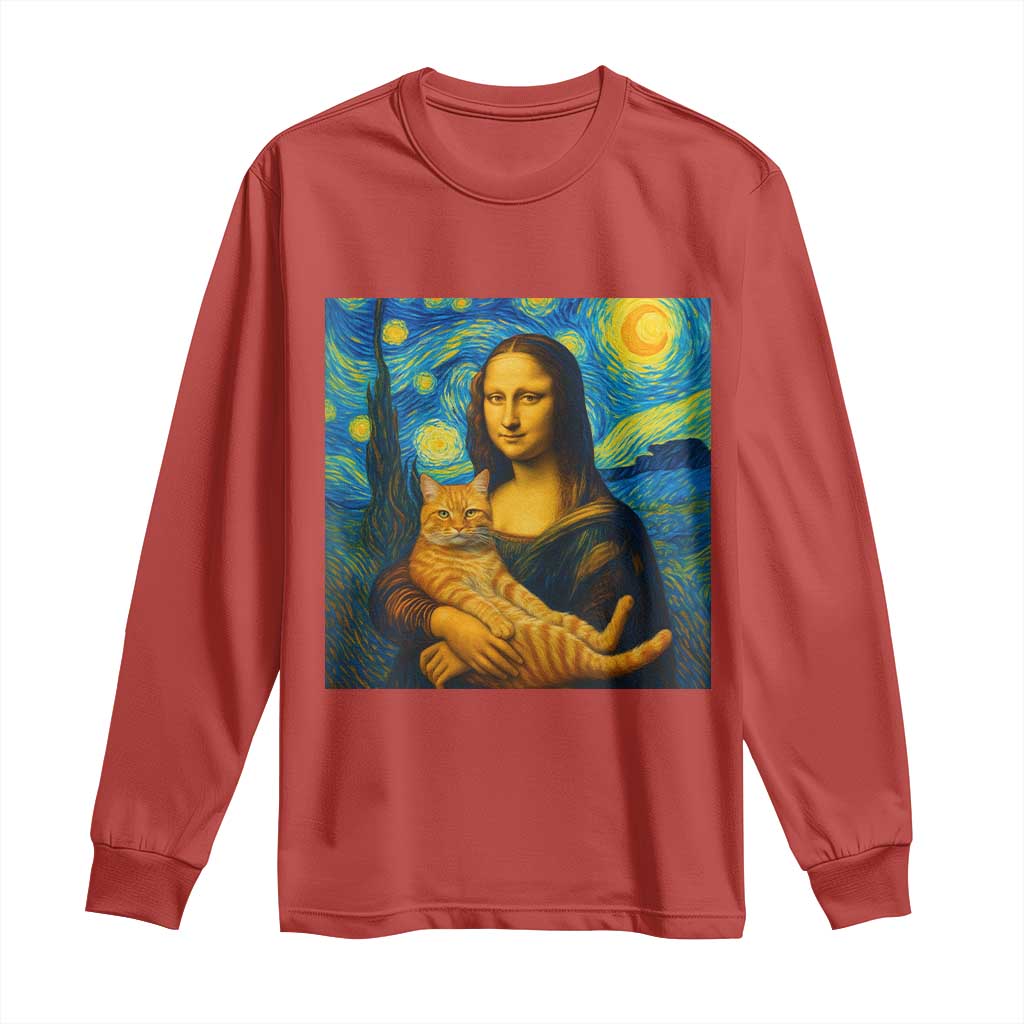 Mona Lisa Cat Starry Night Long Sleeve Shirt TS14 Red Print Your Wear