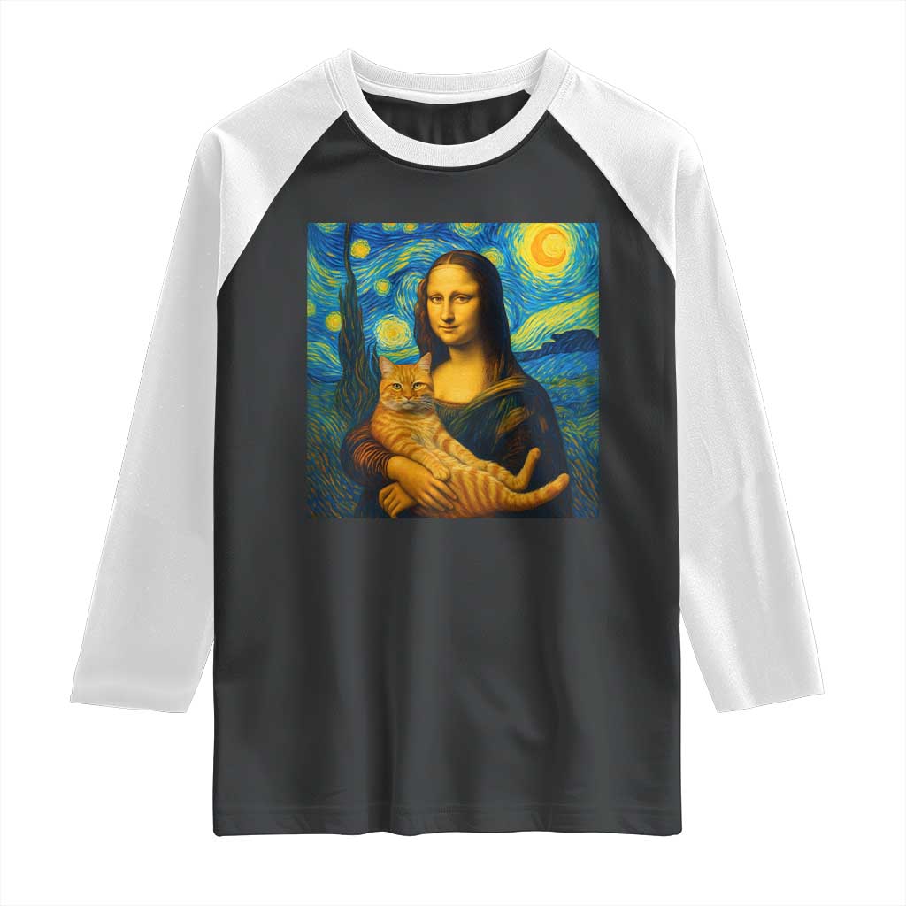 Mona Lisa Cat Starry Night Raglan Shirt TS14 Black White Print Your Wear