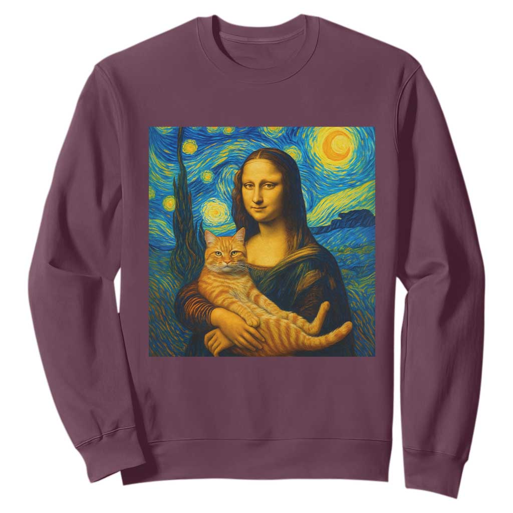 Mona Lisa Cat Starry Night Sweatshirt TS14 Maroon Print Your Wear