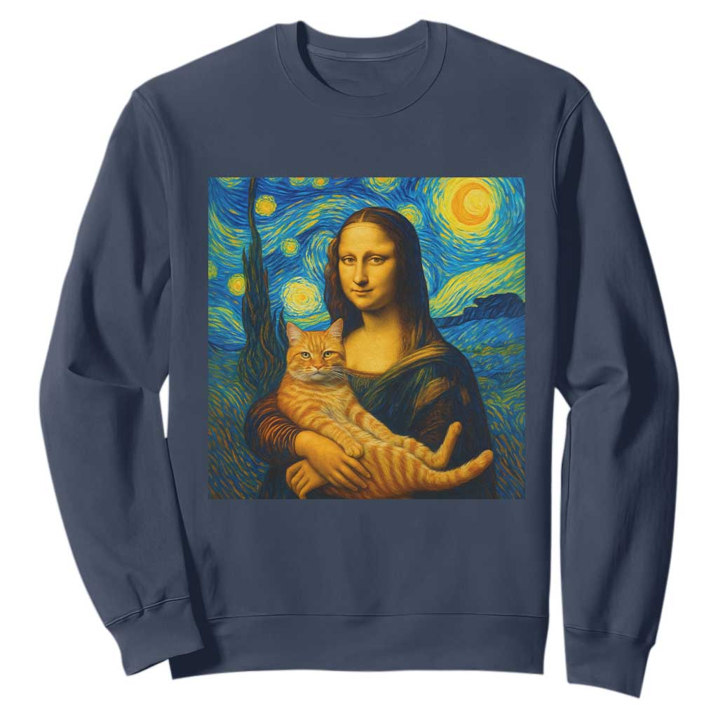 Mona Lisa Cat Starry Night Sweatshirt TS14 Navy Print Your Wear