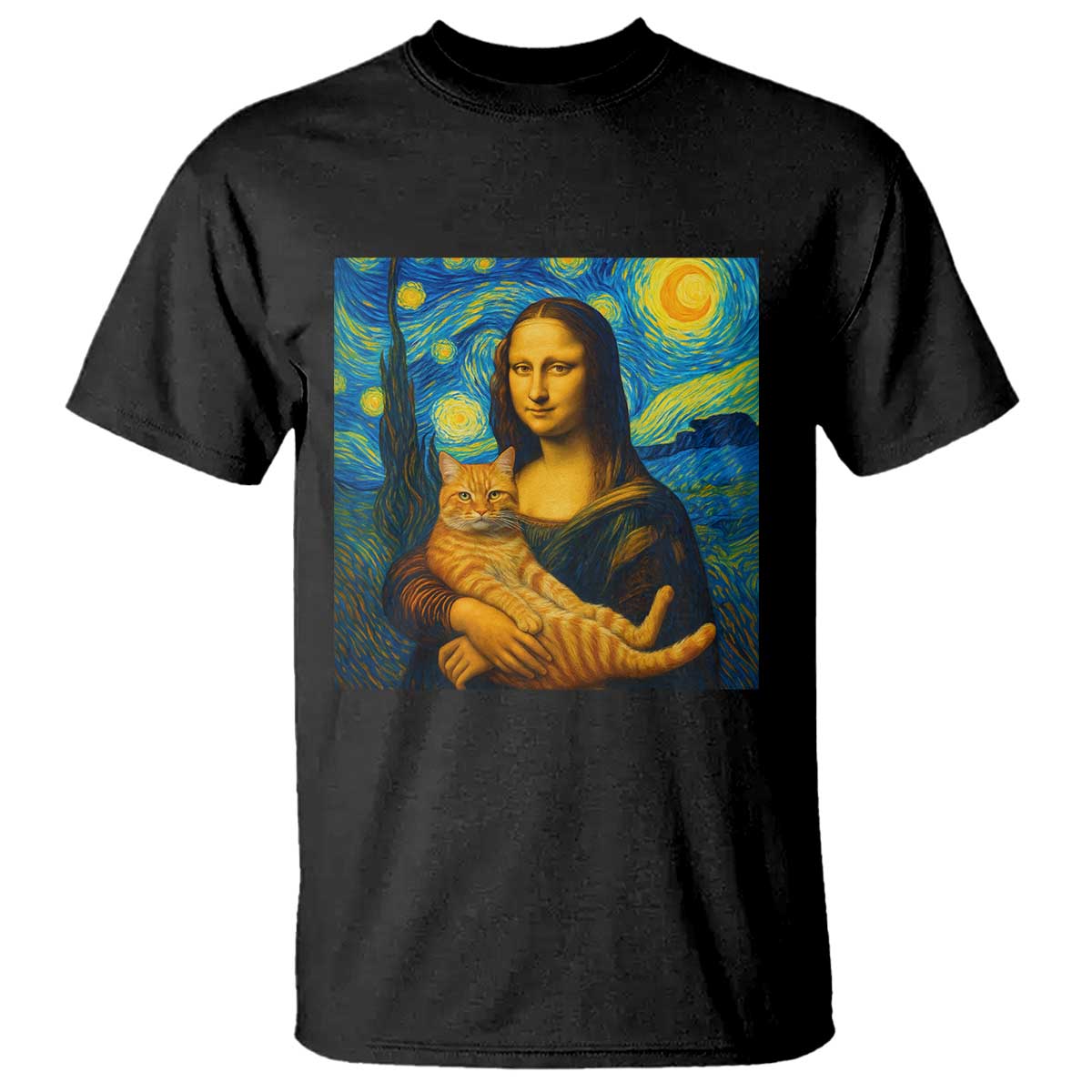 Mona Lisa Cat Starry Night T Shirt TS14 Black Print Your Wear