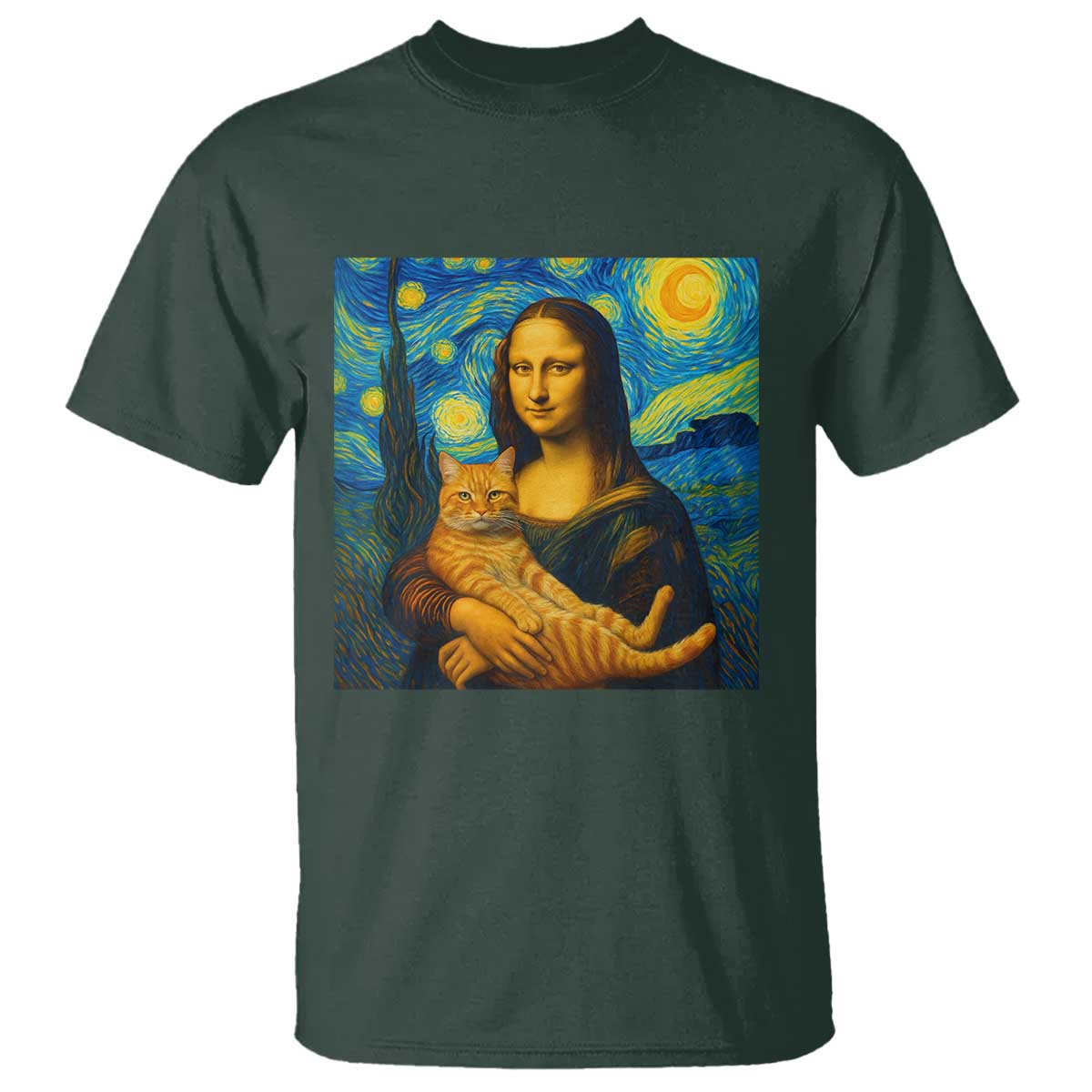 Mona Lisa Cat Starry Night T Shirt TS14 Dark Forest Green Print Your Wear