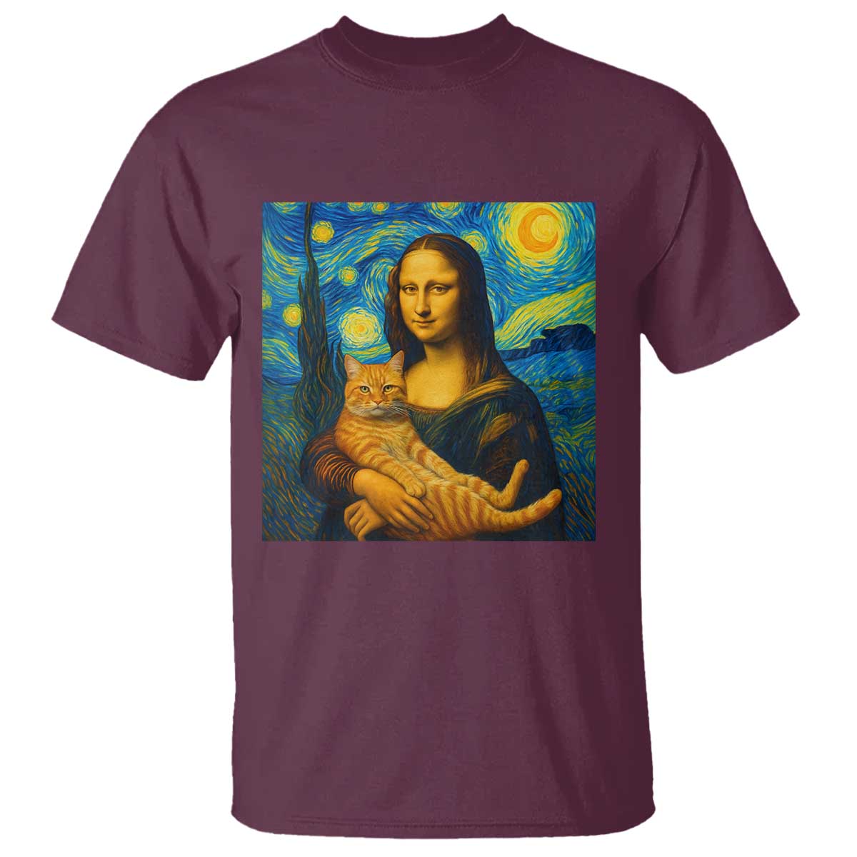 Mona Lisa Cat Starry Night T Shirt TS14 Maroon Print Your Wear