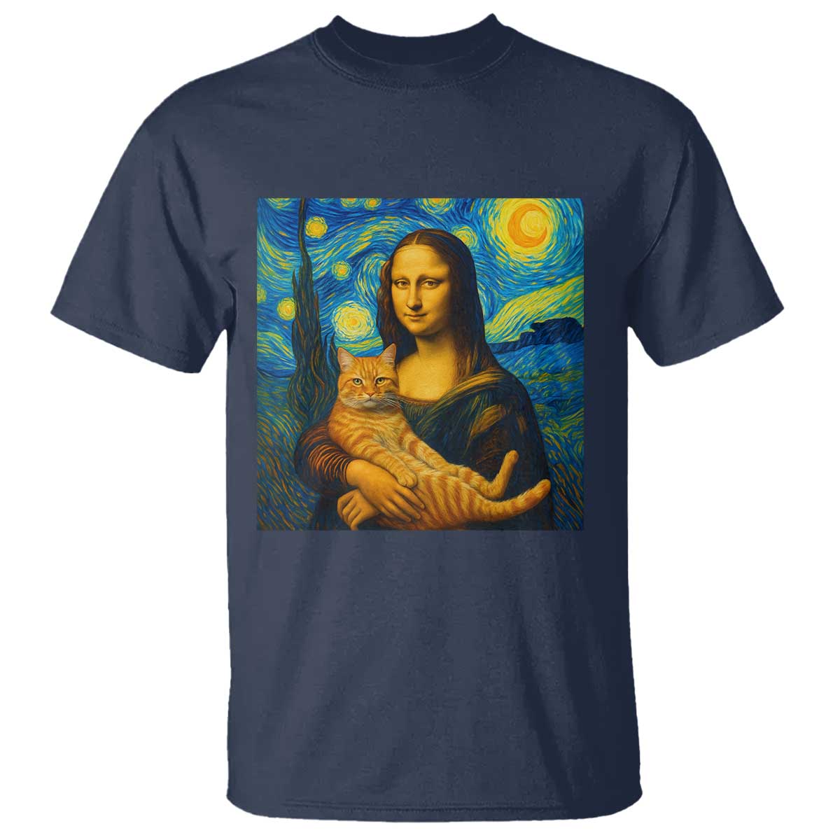 Mona Lisa Cat Starry Night T Shirt TS14 Navy Print Your Wear