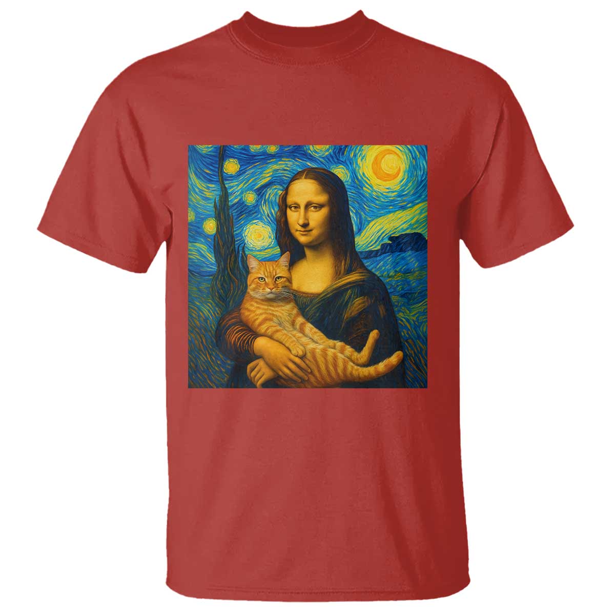 Mona Lisa Cat Starry Night T Shirt TS14 Red Print Your Wear