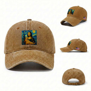 Mona Lisa Cat Starry Night Washed Cotton Baseball Cap TS14 Washed Cap Universal Fit Yellow Ochre Print Your Wear