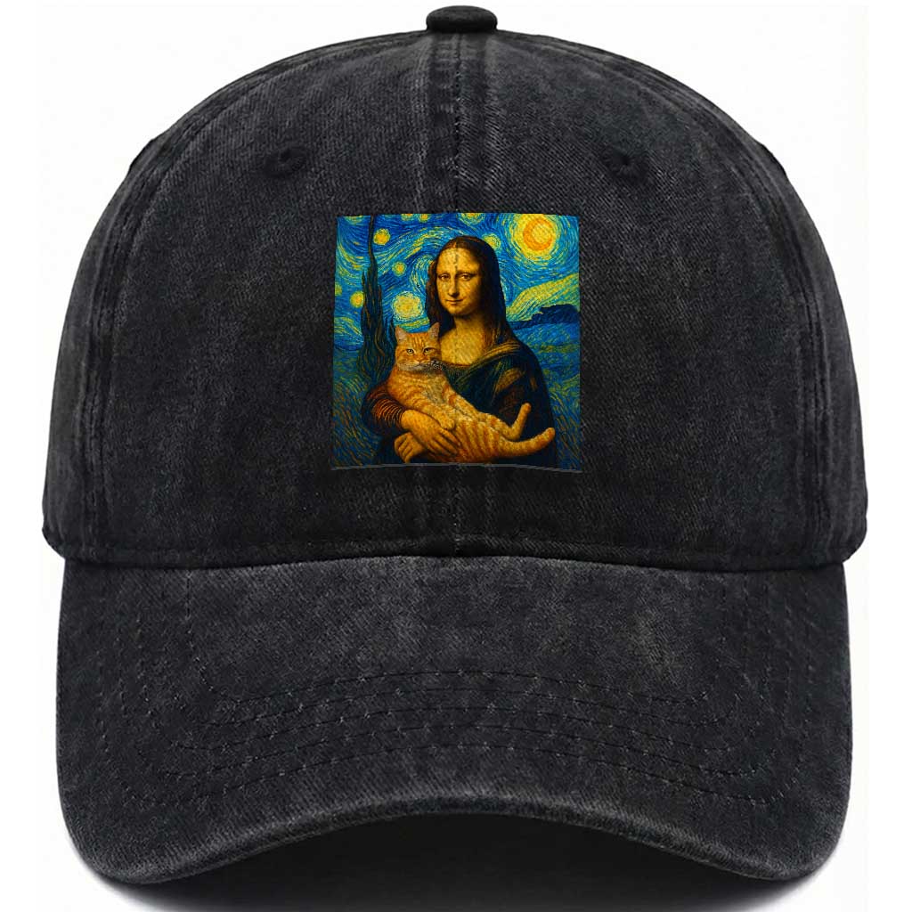 Mona Lisa Cat Starry Night Washed Cotton Baseball Cap TS14 Washed Cap Universal Fit Black Print Your Wear
