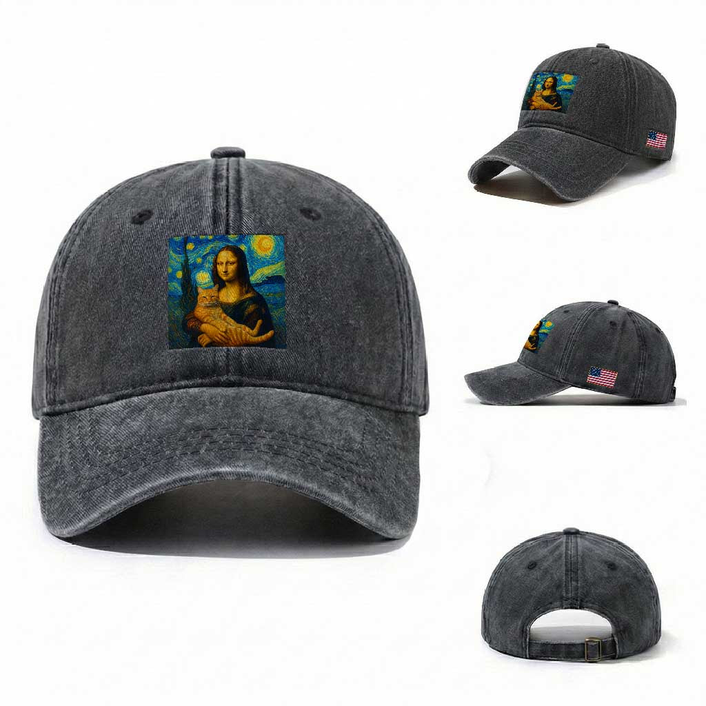 Mona Lisa Cat Starry Night Washed Cotton Baseball Cap TS14 Washed Cap Universal Fit Dark Gray Print Your Wear
