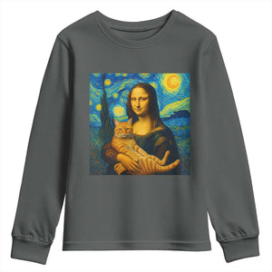 Mona Lisa Cat Starry Night Youth Sweatshirt TS14 Dark Heather Print Your Wear