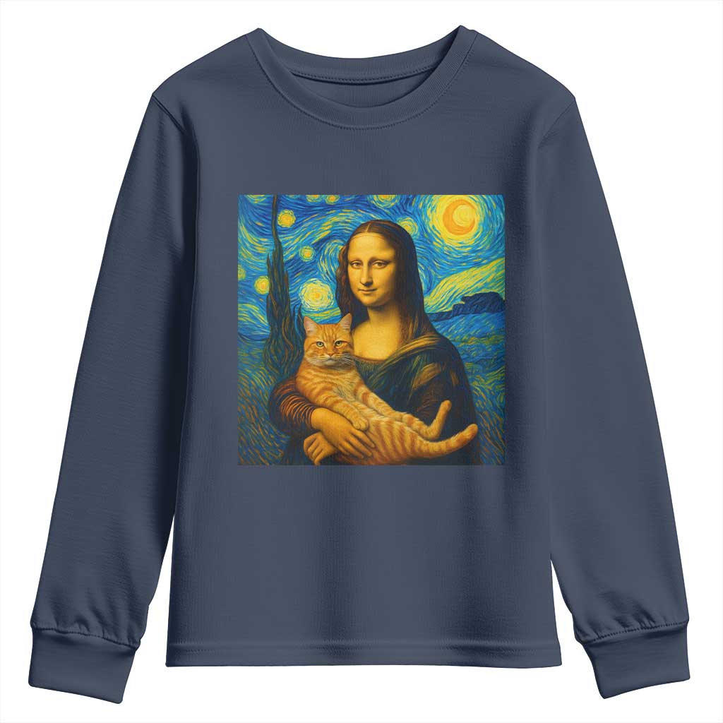 Mona Lisa Cat Starry Night Youth Sweatshirt TS14 Navy Print Your Wear
