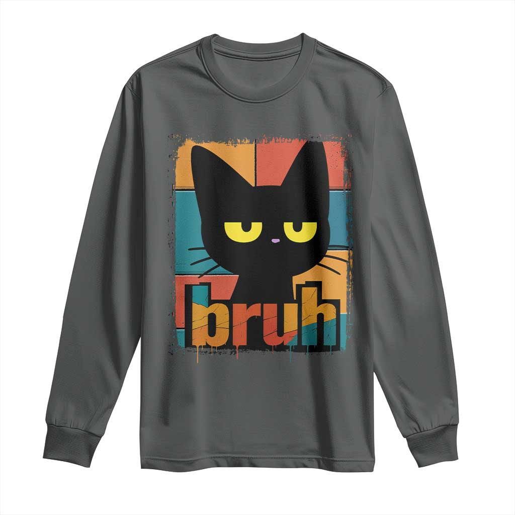 Funny Black Cat Bruh Meme Long Sleeve Shirt Funny Black Cat TS14 Dark Heather Print Your Wear