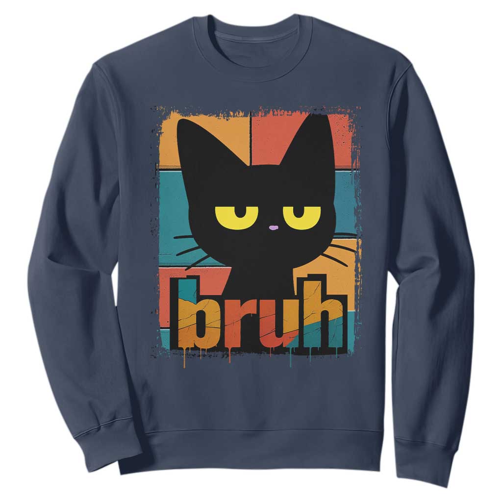 Funny Black Cat Bruh Meme Sweatshirt Funny Black Cat TS14 Navy Print Your Wear