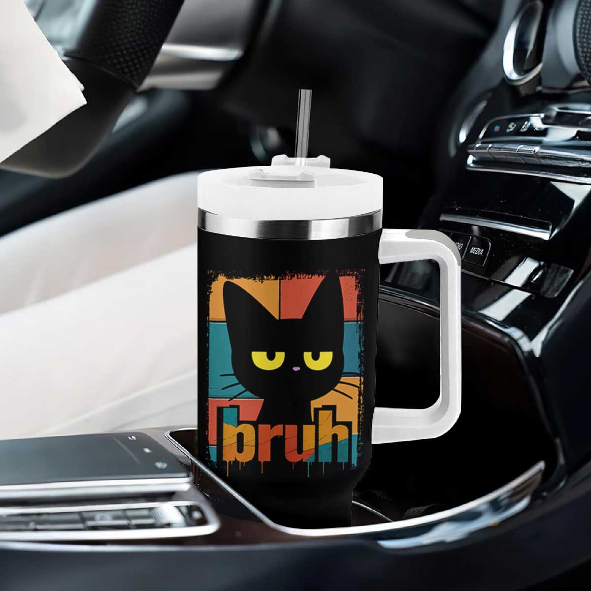 Funny Black Cat Bruh Meme Tumbler With Handle Funny Black Cat TS14 Print Your Wear