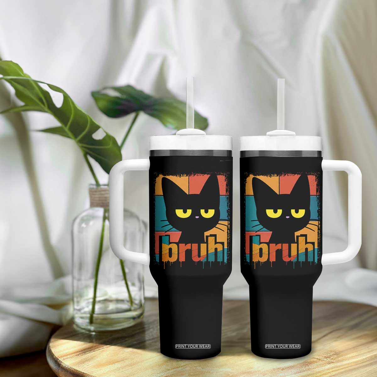 Funny Black Cat Bruh Meme Tumbler With Handle Funny Black Cat TS14 Print Your Wear