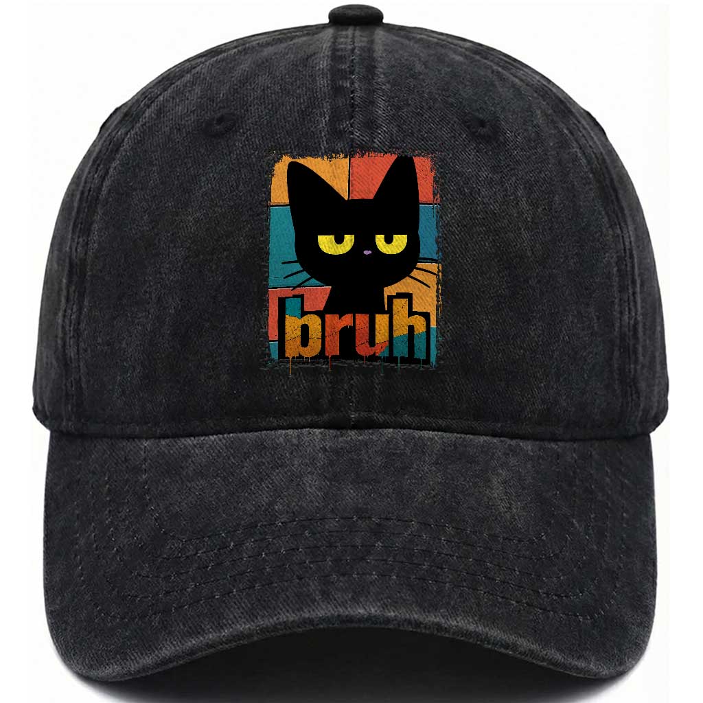 Funny Black Cat Bruh Meme Washed Cotton Baseball Cap Funny Black Cat TS14 Washed Cap Universal Fit Black Print Your Wear
