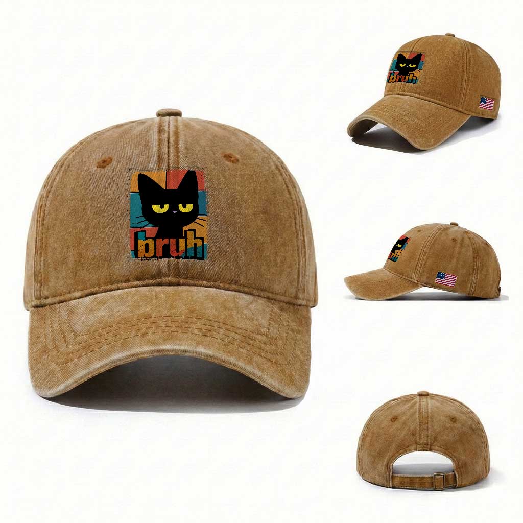 Funny Black Cat Bruh Meme Washed Cotton Baseball Cap Funny Black Cat TS14 Washed Cap Universal Fit Yellow Ochre Print Your Wear
