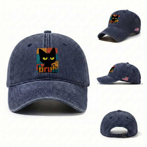 Funny Black Cat Bruh Meme Washed Cotton Baseball Cap Funny Black Cat TS14 Washed Cap Universal Fit Navy Print Your Wear