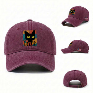 Funny Black Cat Bruh Meme Washed Cotton Baseball Cap Funny Black Cat TS14 Washed Cap Universal Fit Burgundy Print Your Wear