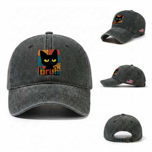 Funny Black Cat Bruh Meme Washed Cotton Baseball Cap Funny Black Cat TS14 Washed Cap Universal Fit Dark Green Print Your Wear