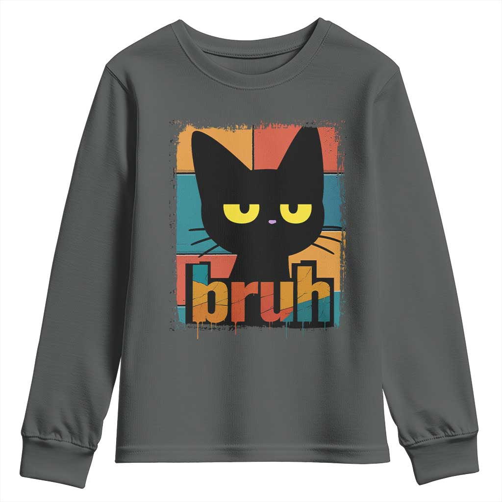 Funny Black Cat Bruh Meme Youth Sweatshirt Funny Black Cat TS14 Dark Heather Print Your Wear