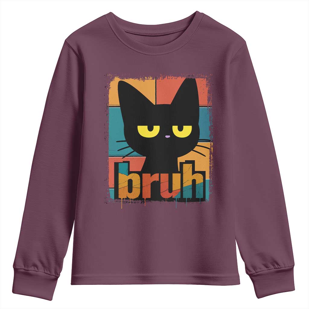 Funny Black Cat Bruh Meme Youth Sweatshirt Funny Black Cat TS14 Maroon Print Your Wear