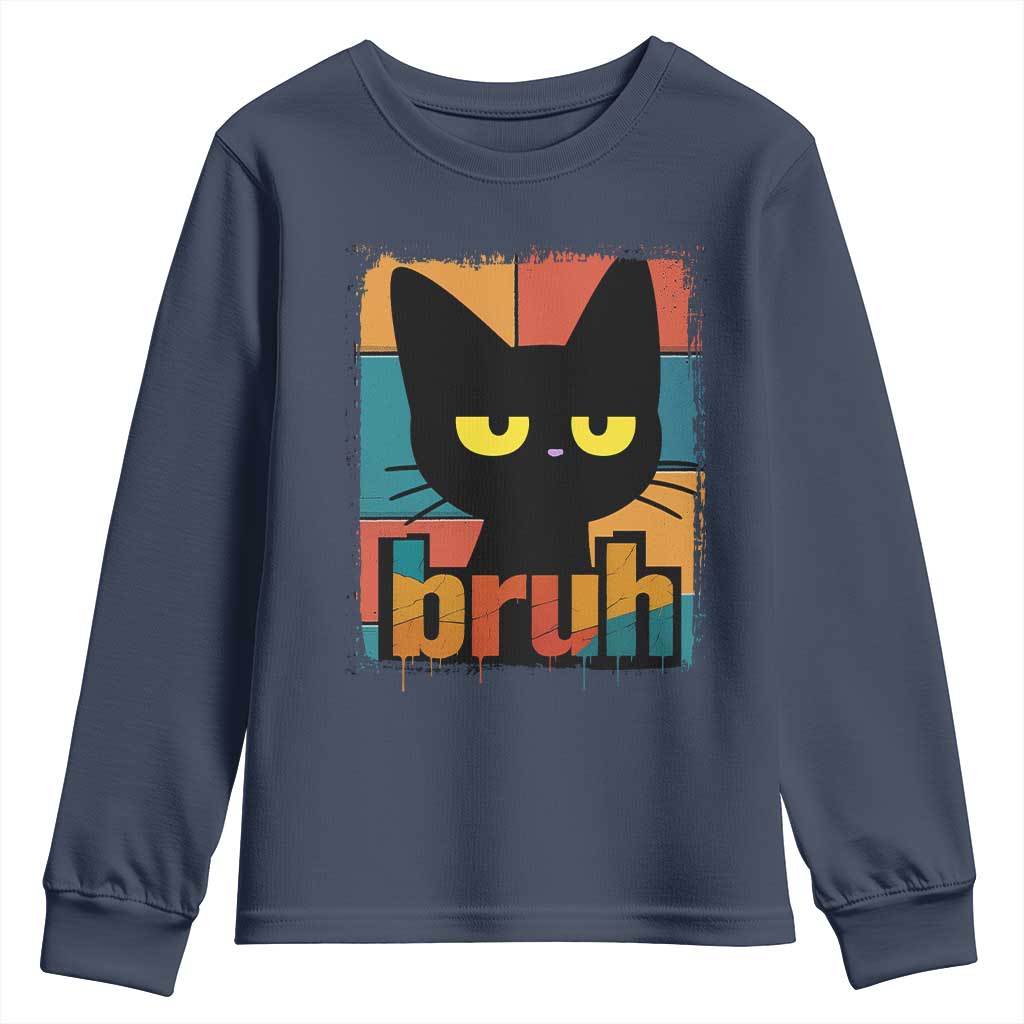 Funny Black Cat Bruh Meme Youth Sweatshirt Funny Black Cat TS14 Navy Print Your Wear