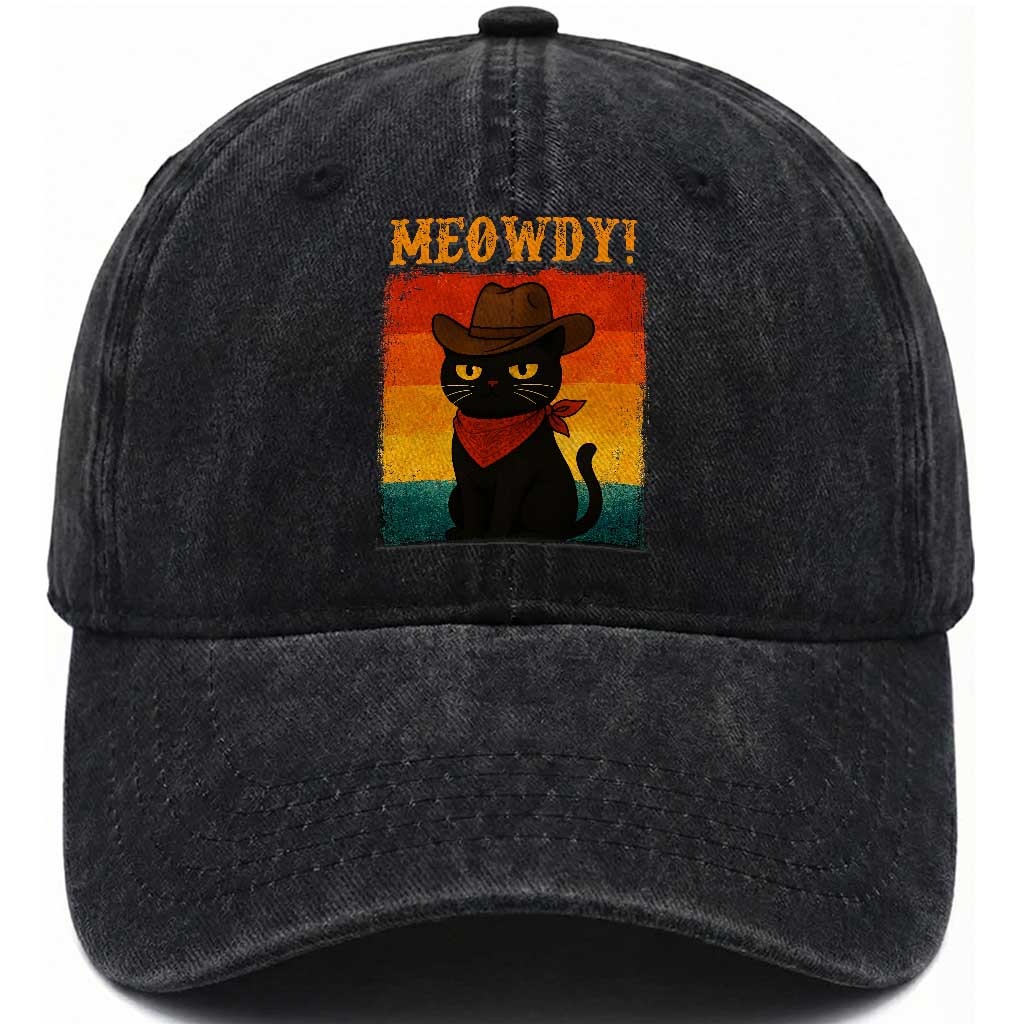 Meowdy Cowboy Cat Washed Cotton Baseball Cap Cute Black Kitten Country Western TS14 Washed Cap Universal Fit Black Print Your Wear