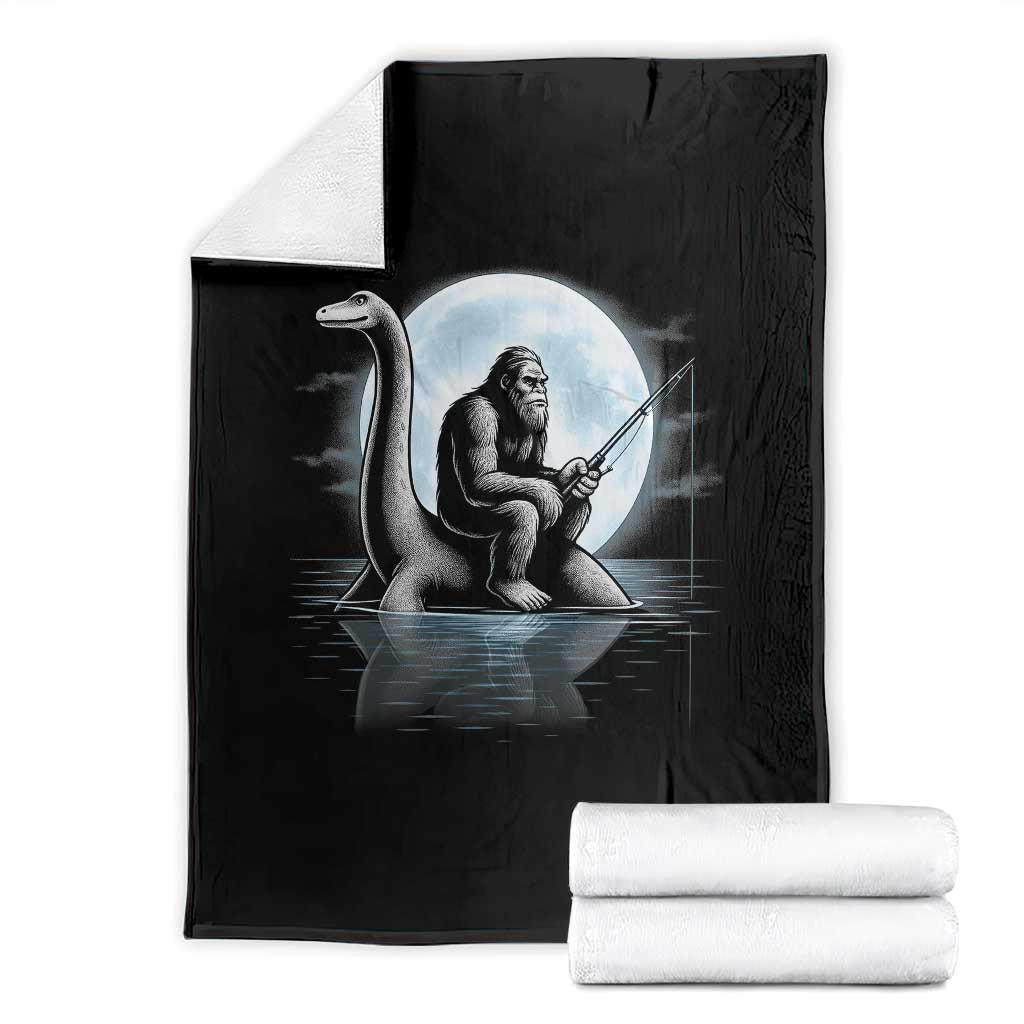 Funny Bigfoot Fishing Throw Blanket Sasquatch Riding Nessie Cryptid Moon Night TS14 Black Print Your Wear
