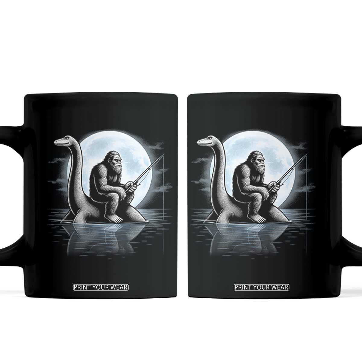 Funny Bigfoot Fishing Coffee Mug Sasquatch Riding Nessie Cryptid Moon Night TS14 Black Print Your Wear