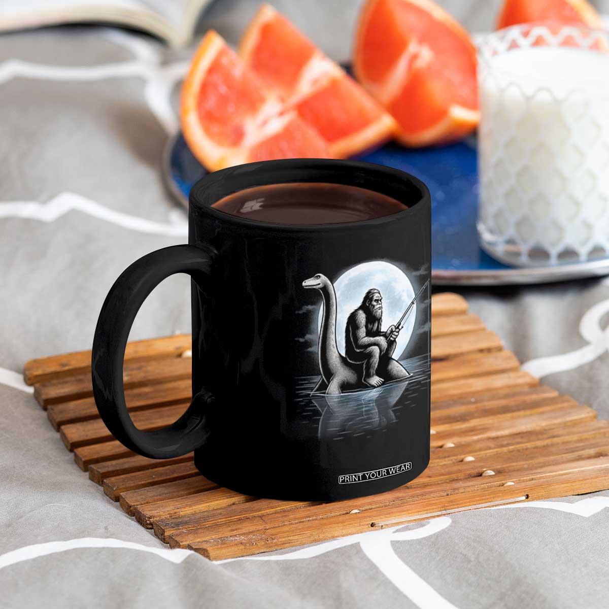 Funny Bigfoot Fishing Coffee Mug Sasquatch Riding Nessie Cryptid Moon Night TS14 Print Your Wear