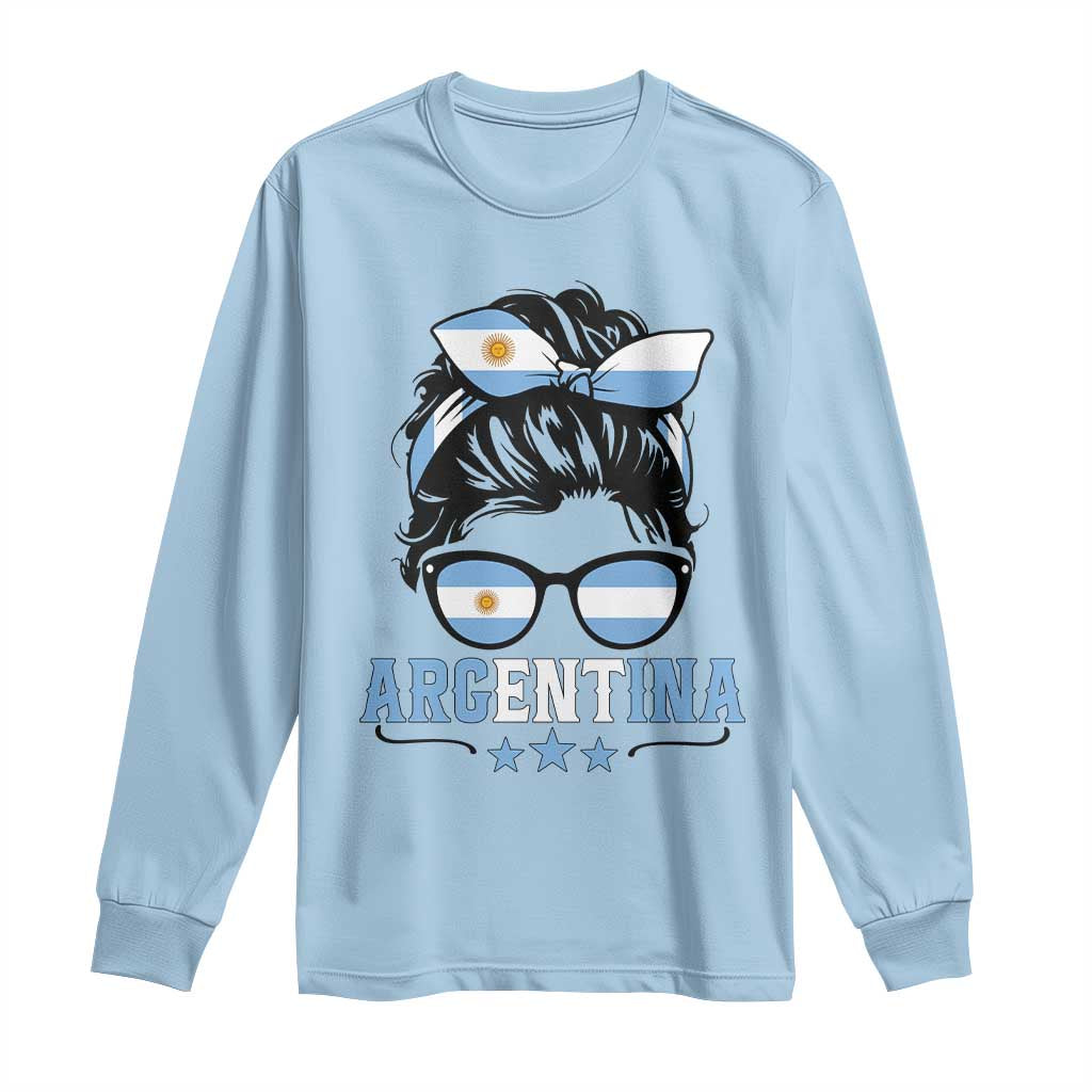 Argentina Messy Bun Proud Argentinian Flag Long Sleeve Shirt TS14 Light Blue Print Your Wear