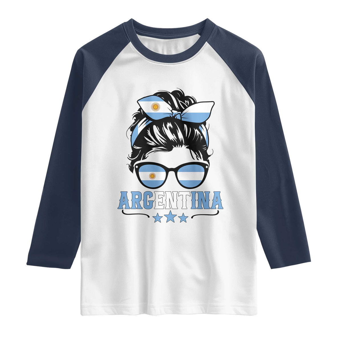 Argentina Messy Bun Proud Argentinian Flag Raglan Shirt TS14 White Navy Print Your Wear