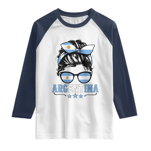 Argentina Messy Bun Proud Argentinian Flag Raglan Shirt TS14 White Navy Print Your Wear