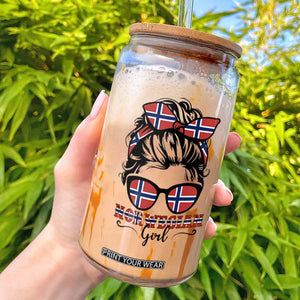 Norway Messy Bun Girl Norwegian Flag Glass Can TS14 White Print Your Wear