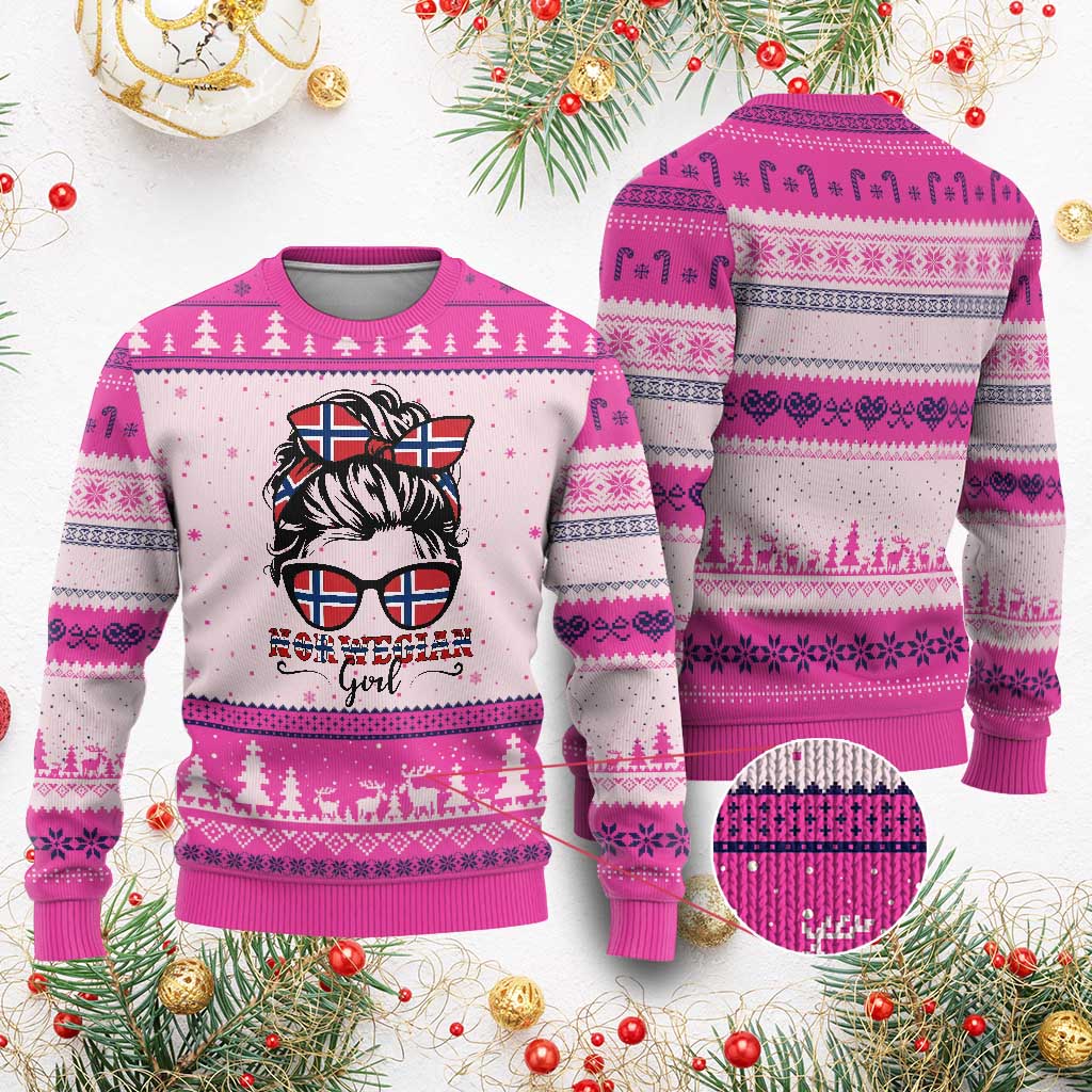 Norway Messy Bun Girl Norwegian Flag Ugly Christmas Sweater TS14 Hot Pink Print Your Wear