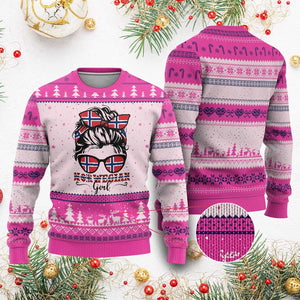 Norway Messy Bun Girl Norwegian Flag Ugly Christmas Sweater TS14 Hot Pink Print Your Wear