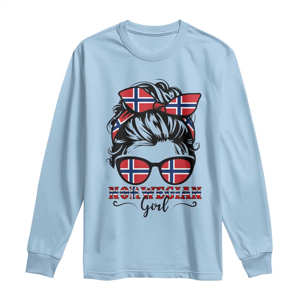 Norway Messy Bun Girl Norwegian Flag Long Sleeve Shirt TS14 Light Blue Print Your Wear