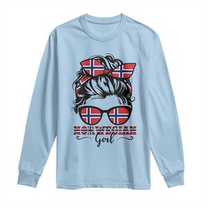Norway Messy Bun Girl Norwegian Flag Long Sleeve Shirt TS14 Light Blue Print Your Wear