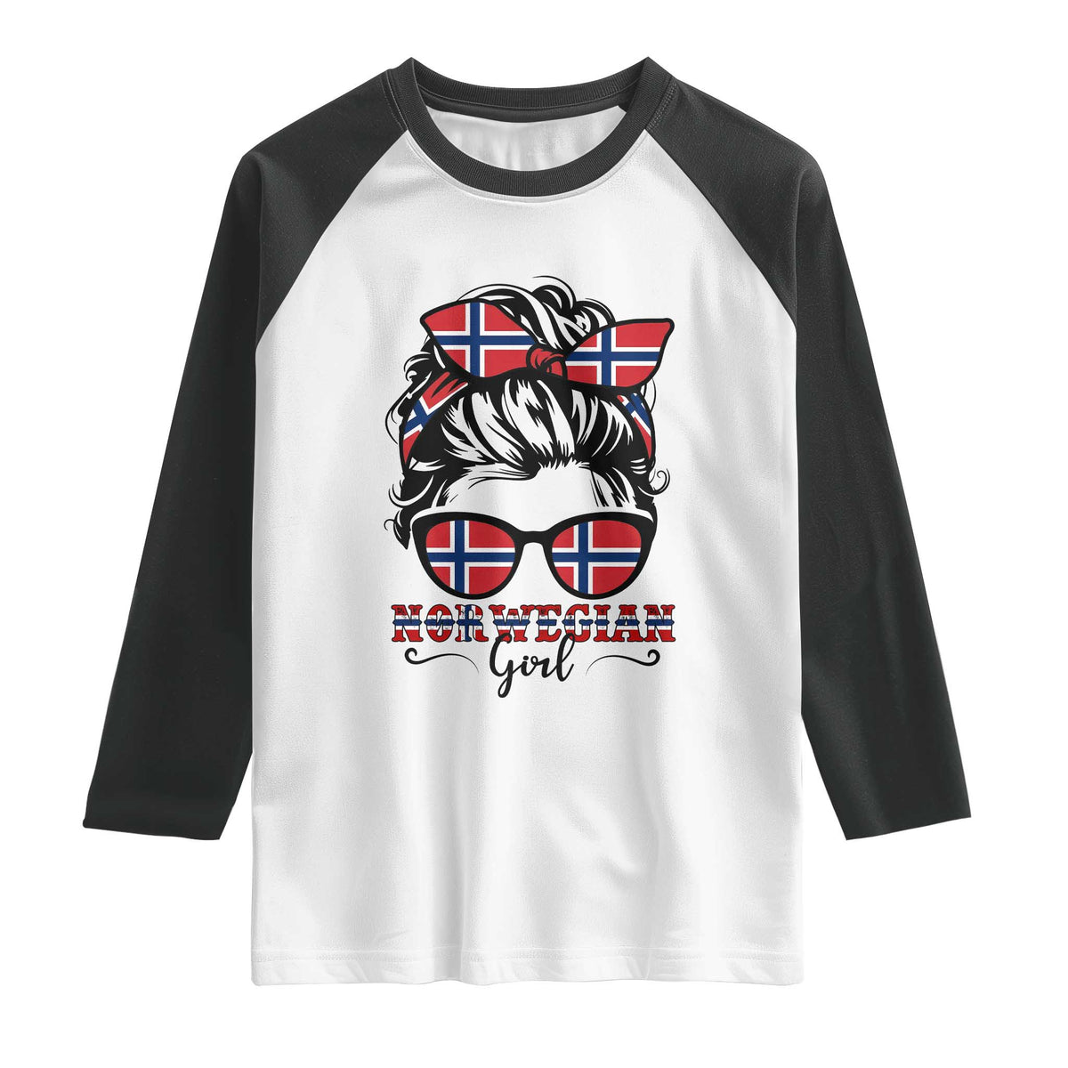 Norway Messy Bun Girl Norwegian Flag Raglan Shirt TS14 White Black Print Your Wear
