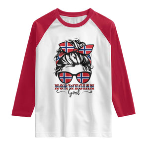 Norway Messy Bun Girl Norwegian Flag Raglan Shirt TS14 White Red Print Your Wear