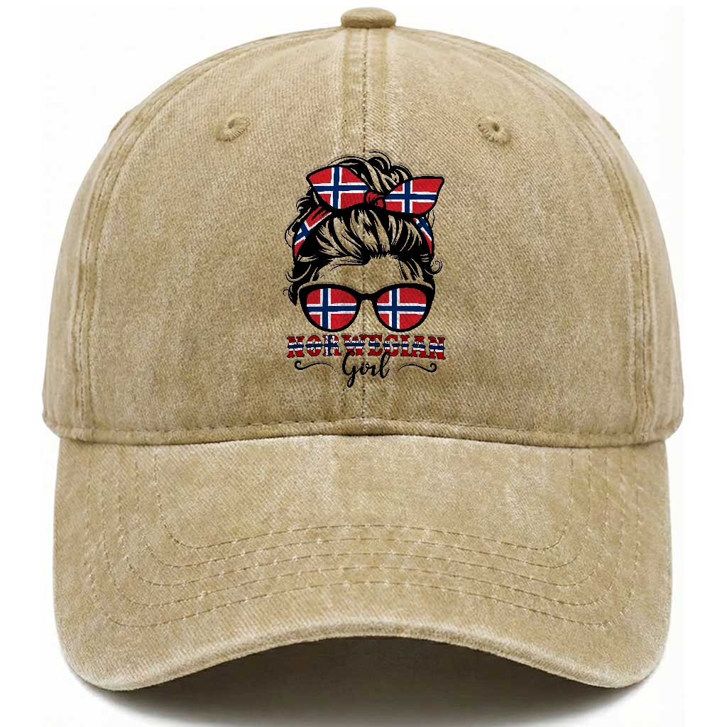 Norway Messy Bun Girl Norwegian Flag Washed Cotton Baseball Cap TS14 Print Your Wear