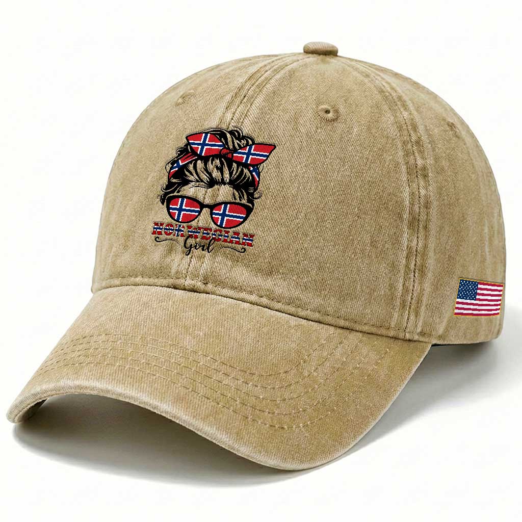 Norway Messy Bun Girl Norwegian Flag Washed Cotton Baseball Cap TS14 Print Your Wear