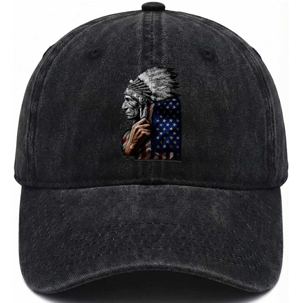 Indian Chief Native American USA Flag Washed Cotton Baseball Cap TS14 Washed Cap Universal Fit Black Print Your Wear