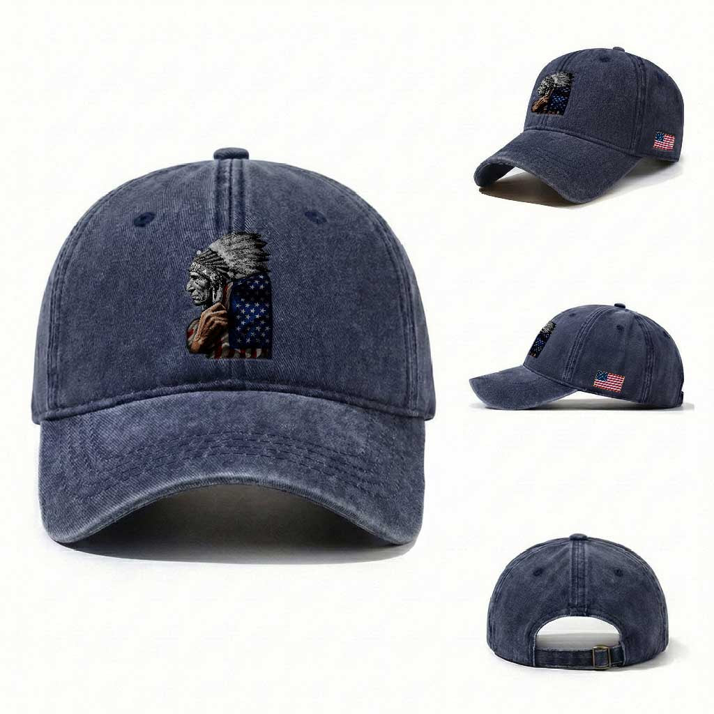 Indian Chief Native American USA Flag Washed Cotton Baseball Cap TS14 Washed Cap Universal Fit Navy Print Your Wear